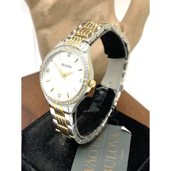 Bulova Women's Watch 98L273 Mother of Pearl Dial Two Tone Steel Gemmed 32mm - Picture 2 of 14
